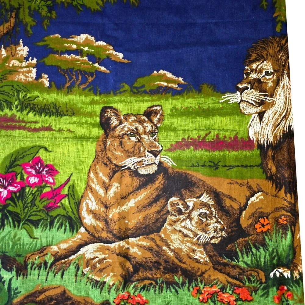 Vintage Lion Family Jungle Woven Wall Hanging Tapestry 58x38 Safari Wildlife